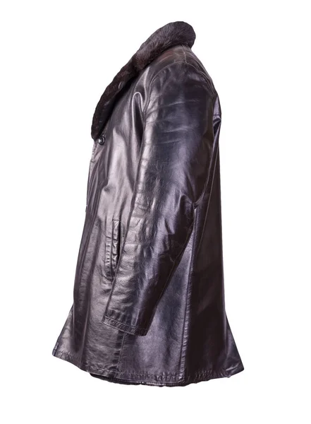 白い背景に隔離された革の男性の羊皮のコート 毛皮と黒革の男性のジャケット — ストック写真