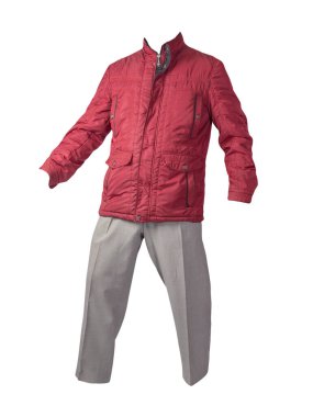 Beyaz arka planda kırmızı ceketli ve açık gri pantolonlu erkekler. Erkek sonbahar kıyafetleri.