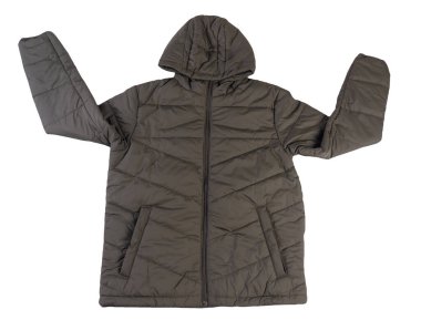 Beyaz arka planda izole edilmiş kapüşonlu koyu yeşil ceketli adamlar. Rüzgarlık ceketli üst manzara. Sıradan stil