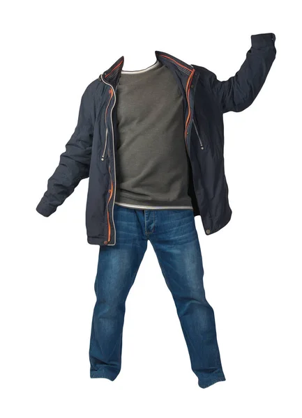 Blaue Jacke Mit Reißverschluss Grauer Pullover Und Blaue Jeans Auf — Stockfoto
