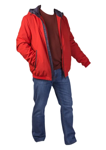 Chaqueta Naranja Con Cremallera Suéter Rojo Oscuro Vaqueros Azules Aislados —  Fotos de Stock