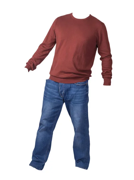 Men Dark Red Sweater Blue Jeans Isolated White Background Casual — Stock Photo, Image