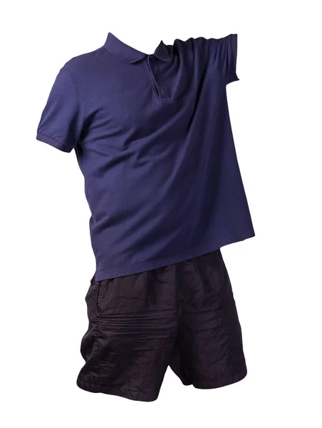 Pantaloncini Neri Sportivi Uomo Shirt Blu Scuro Con Colletto Button — Foto Stock