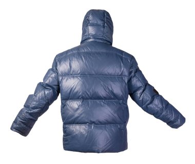 Beyaz arka planda izole edilmiş kapüşonlu erkek mavi ceketi. Rüzgarlık ceketi. Sıradan stil