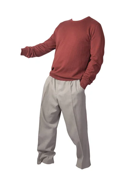 Men Burgundy Sweater Gray Pants Isolated White Background Casual Clothes — Stock Photo, Image