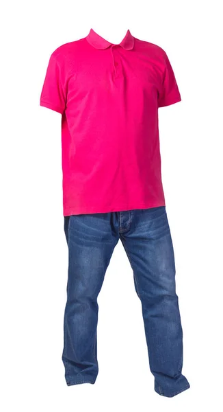 Ανδρικό Κόκκινο Shirt Γιακά Κουμπιά Και Μπλε Τζιν Που Απομονώνονται — Φωτογραφία Αρχείου
