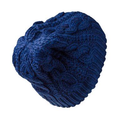 Kadınların koyu mavi şapkası. Örgü şapka beyaz arkaplanda izole.