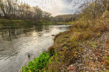 Sonbahar manzarası. Sonbahar ormanında gün batımında nehir. Nehir uzaklaşıyor.