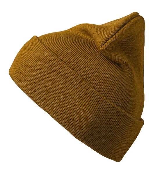 Chapeau Tricoté Jaune Foncé Isolé Sur Fond Blanc Accessoire Chapeau — Photo