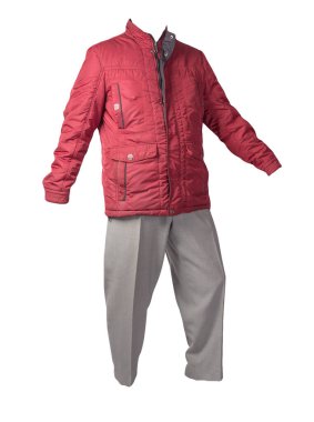 Beyaz arka planda kırmızı ceketli ve açık gri pantolonlu erkekler. Erkek sonbahar kıyafetleri.