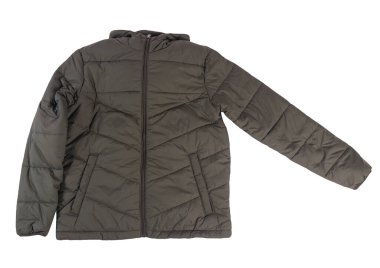 Beyaz arka planda izole edilmiş kapüşonlu koyu yeşil ceketli adamlar. Rüzgarlık ceketli üst manzara. Sıradan stil