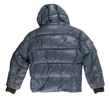 Beyaz arka planda izole edilmiş mavi erkek ceketi. Rüzgarlık ceketli üst manzara. Sıradan stil