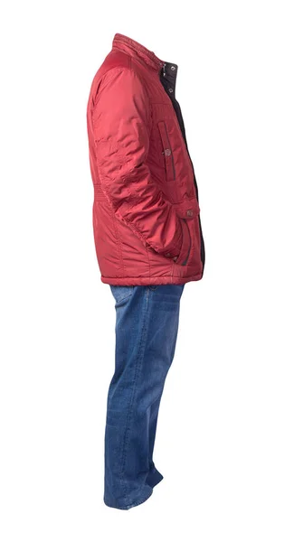 Röda Män Jacka Och Blå Jeans Isolerad Vit Bakgrund Casual — Stockfoto