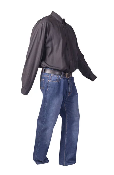 Czarna Męska Koszula Długimi Rękawami Niebieskimi Dżinsami Białym Tle Przypadkowe — Zdjęcie stockowe