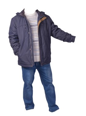 blue jacket, white blue gray sweater and blue jeans isolated on white background. casual fashion clothes