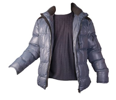 Mavi ceket ve koyu mavi süveter beyaz arka planda izole edilmiş. Bolonya ceketi ve yün kazak.