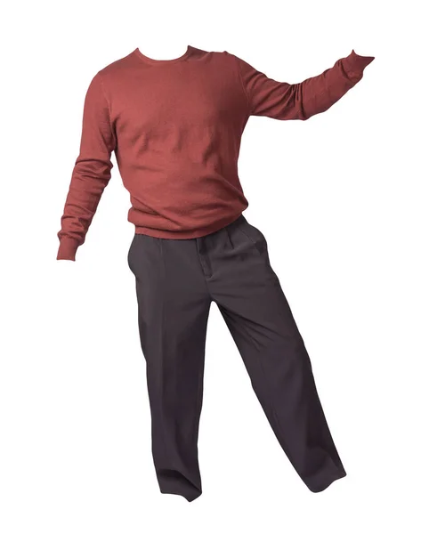 Męski Burgundowy Sweter Czarne Spodnie Izolowane Białym Tle Casual Ubrania — Zdjęcie stockowe