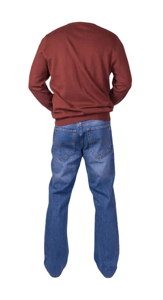 Maglione Rosso Scuro Degli Uomini Jeans Blu Isolati Sfondo Bianco — Foto Stock