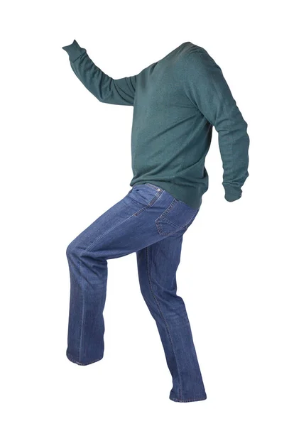Maglione Verde Scuro Uomo Jeans Blu Isolati Sfondo Bianco Abbigliamento — Foto Stock