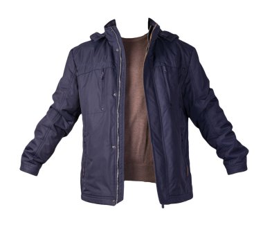 Mavi ceket ve kahverengi kazak beyaz arka planda izole edilmiş. Bolonya ceketi ve yün kazak.