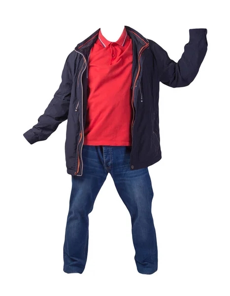 深蓝色夹克 红色衬衫和蓝色牛仔裤 白色背景隔离 休闲装 — 图库照片