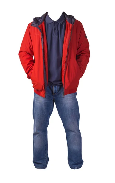 Червона Куртка Блискавкою Темно Синя Сорочка Сині Джинси Ізольовані Білому — стокове фото