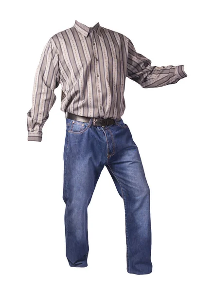 Men Gray Striped Shirt Long Sleeves Blue Jeans Isolated White — Stock Photo, Image