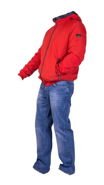 Chaqueta Los Hombres Rojos Pantalones Vaqueros Azules Aislados Ropa Background — Foto de Stock