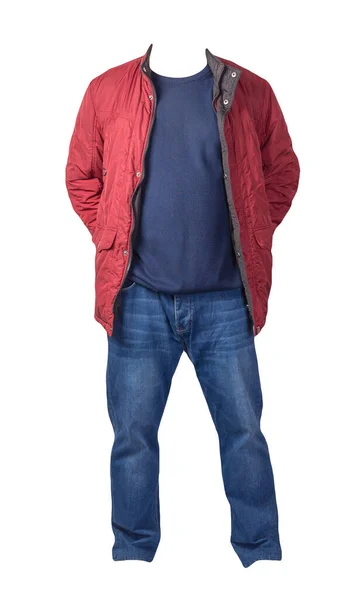 Röd Jacka Blå Tröja Och Blå Jeans Isolerad Vit Bakgrund — Stockfoto