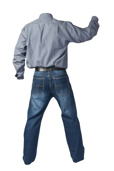 長い袖と白い背景に隔離された青のジーンズを持つ男性の紫灰色のシャツ 普段着 — ストック写真