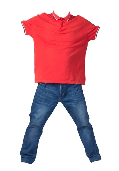 Men Orange Shirt Button Collars Blue Jeans Isolated White Background — Stock Photo, Image