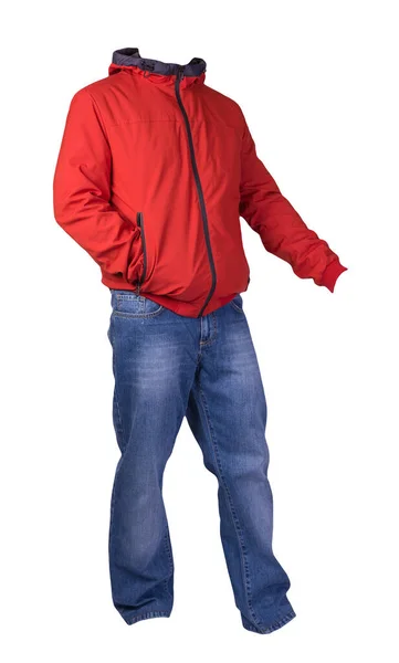 Красный Мужской Пиджак Синие Джинсы Изолированы Белом Фоне Casual Одежды — стоковое фото