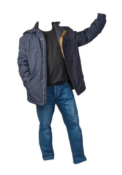 Dunkelblaue Jacke Mit Reißverschluss Brauner Pullover Und Blaue Jeans Auf — Stockfoto