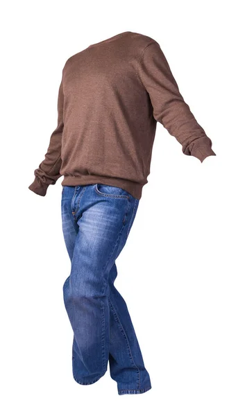 Männer Braunen Pullover Und Blaue Jeans Isoliert Auf Weißem Hintergrund — Stockfoto