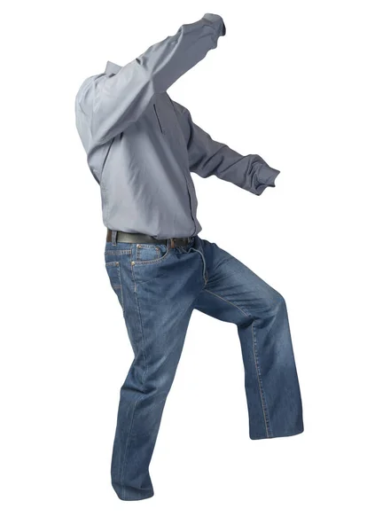 Camicia Uomo Viola Con Maniche Lunghe Jeans Blu Isolati Sfondo — Foto Stock