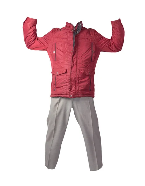 Mäns Röda Jacka Och Ljusgrå Byxor Isolerad Vit Bakgrund Herrkläder — Stockfoto