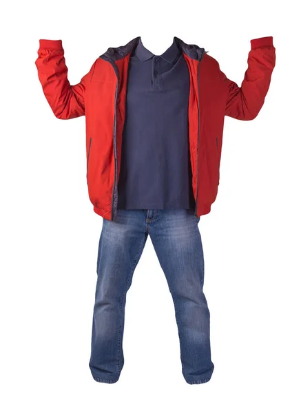 Chaqueta Roja Con Cremallera Camisa Azul Oscuro Vaqueros Azules Aislados —  Fotos de Stock