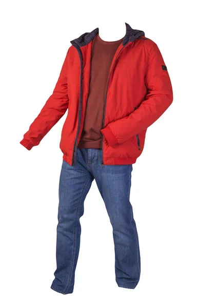 橙色夹克 深红色毛衣 蓝色牛仔裤 白色背景隔离 休闲装 — 图库照片