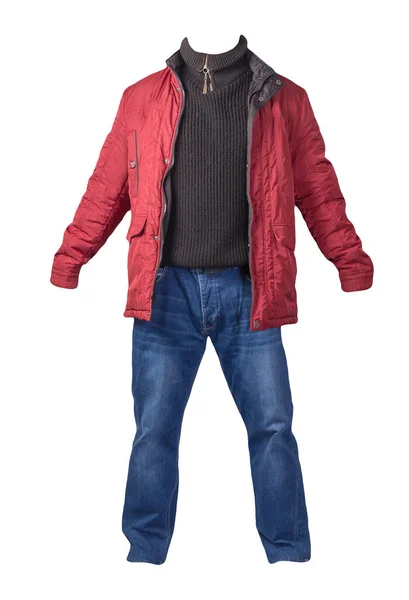 白い背景に赤いジャケットと黒のセーターと青いジーンズ カジュアルファッションの服 — ストック写真