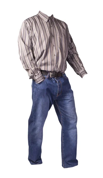 Męska Szara Koszula Paski Długimi Rękawami Niebieskimi Dżinsami Odizolowana Białym — Zdjęcie stockowe