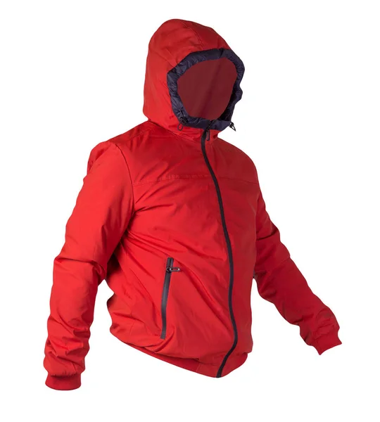 Beyaz arka planda izole edilmiş kapüşonlu fermuarlı kırmızı erkek ceketi. Rüzgarlık ceketi. Sıradan stil