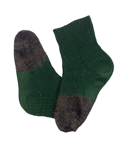 Wolle Dunkelgrün Grau Socken Isoliert Auf Weißem Hintergrund Winter Accessoires — Stockfoto