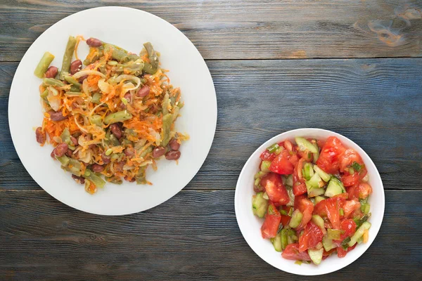 Vejetaryen Salata Manzarası Sağlıklı Yiyecekler Fasulye Salatası Kuşkonmaz Soğan Havuç — Stok fotoğraf