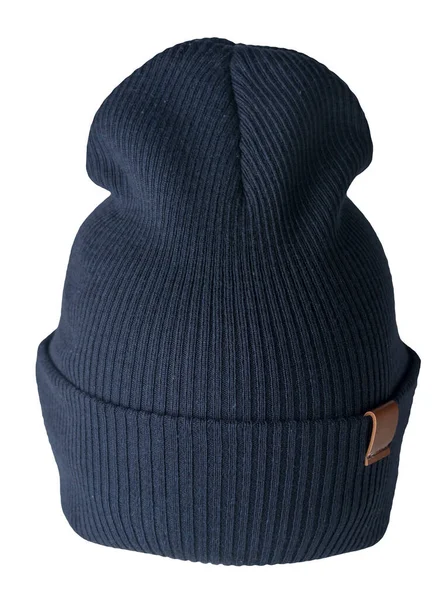 Πλεκτό Σκούρο Μπλε Καπέλο Απομονωμένο Λευκό Φόντο Αξεσουάρ Καπέλου Μόδας — Φωτογραφία Αρχείου