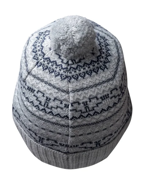 Gestrickte Graublaue Mütze Isoliert Auf Weißem Hintergrund Hut Mit Bommel — Stockfoto