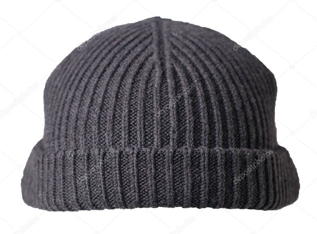 Docker dark grey knitted hat isolated on white background. fashionable rapper hat. hat fisherman