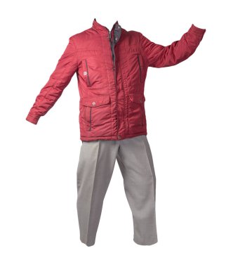 Beyaz arka planda kırmızı ceketli ve açık gri pantolonlu erkekler. Erkek sonbahar kıyafetleri.