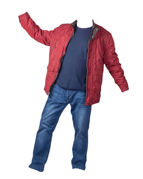 Röd Jacka Blå Tröja Och Blå Jeans Isolerad Vit Bakgrund — Stockfoto