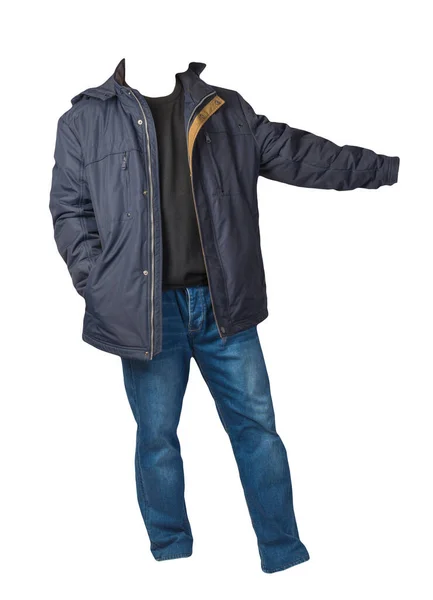 Casaco Azul Escuro Com Zíper Camisola Marrom Jeans Azul Isolado — Fotografia de Stock