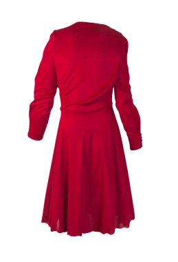 Beyaz arka planda düğmeleri olan kırmızı bir kadın elbisesi. çok renkli güzel bir elbise.